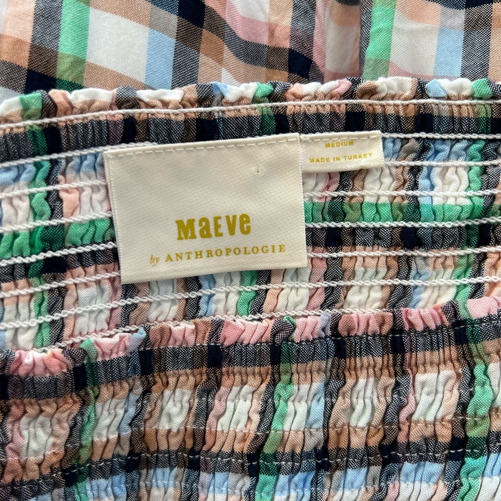 Anthropologie Maeve Cerie Smocked Plaid 3/4 Puff Sleeved Midi Dress, M - Picture 8 of 13